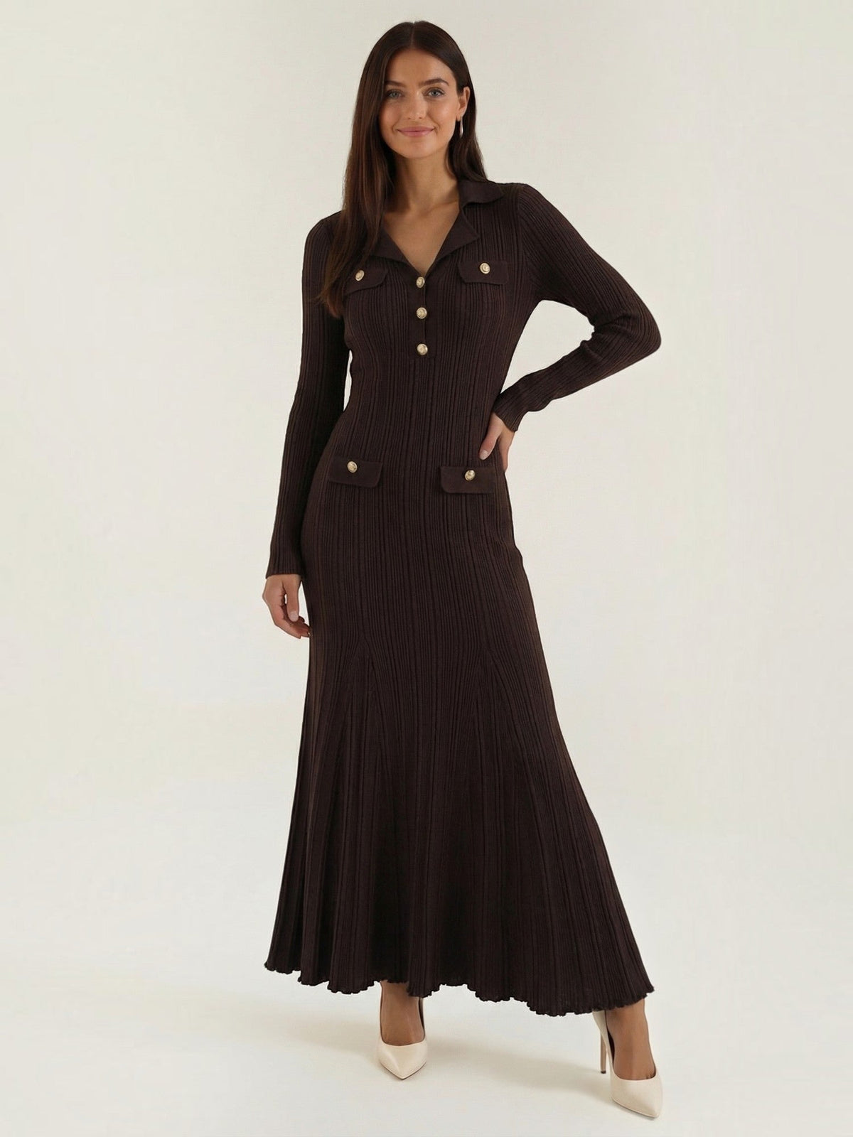 Vestido Largo Botones Manga Larga