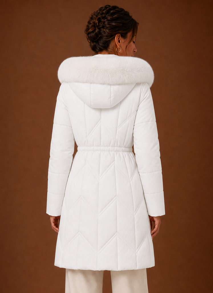 Plumífero Largo Mujer Capucha Ribeteada Elegante