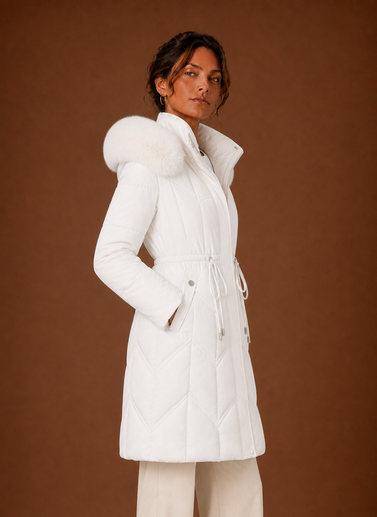 Plumífero Largo Mujer Capucha Ribeteada Elegante