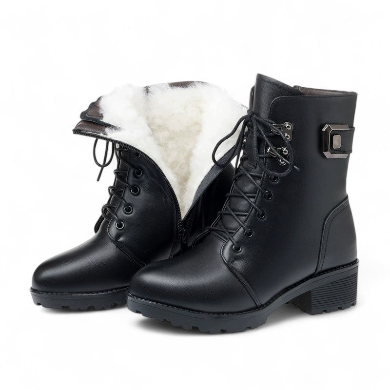 Botines con Cordones Mujer Negros con Hebilla y Forro de Lana