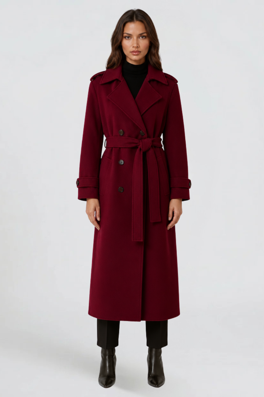 Trench Largo Mujer de Lana con Cinturón y Doble Botonadura - Burdeos