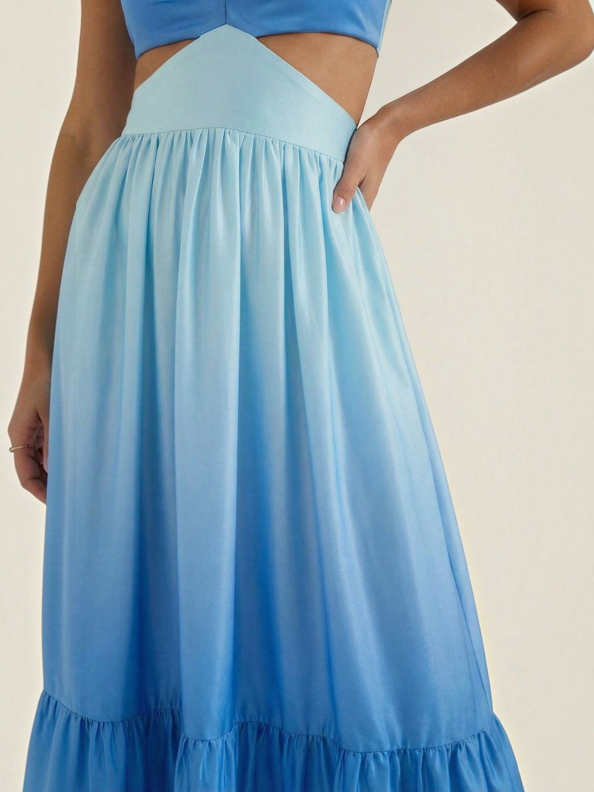 Vestido Largo Degradado Azul Volantes