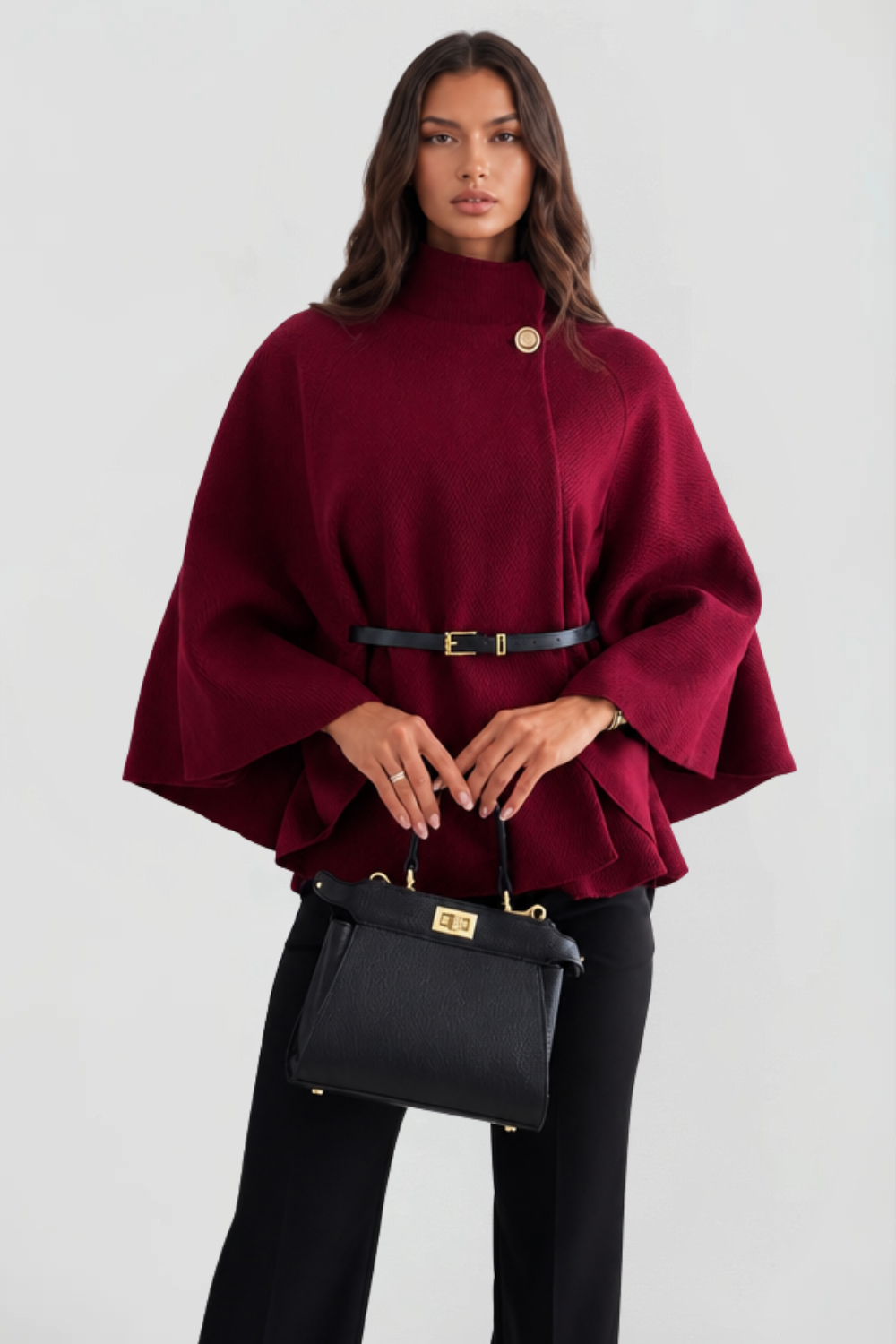 Capa de Lana Mujer con Cinturón y Cuello Alto Tipo Embudo - Vista 1