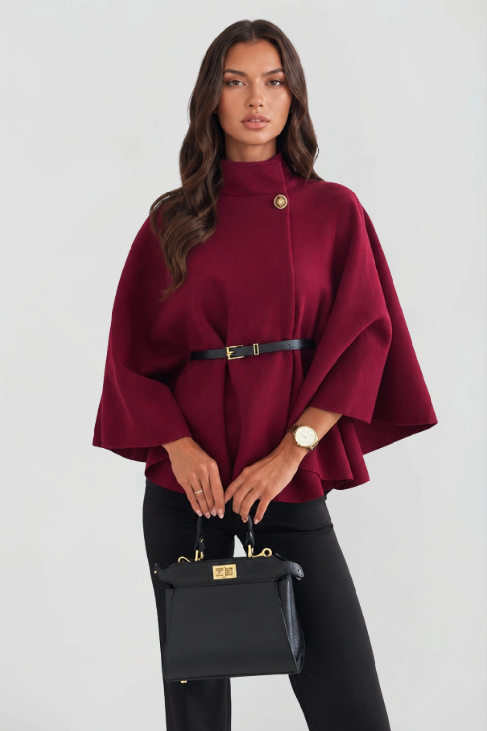 Capa de Lana Mujer con Cinturón y Cuello Alto Tipo Embudo - Vista 2