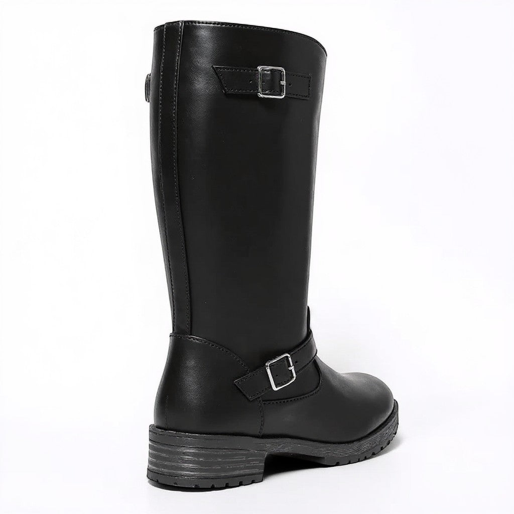 Botas Moteras Mujer Negras de Cuero con Doble Hebilla y Caña Alta