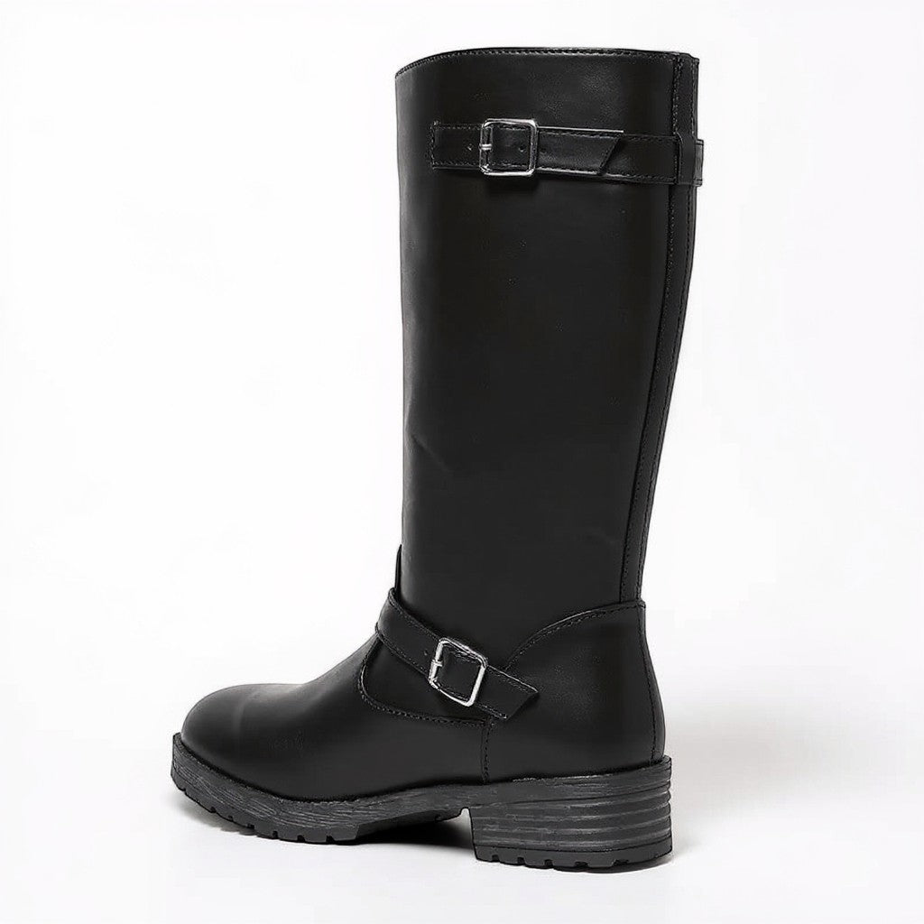 Botas Moteras Mujer Negras de Cuero con Doble Hebilla y Caña Alta