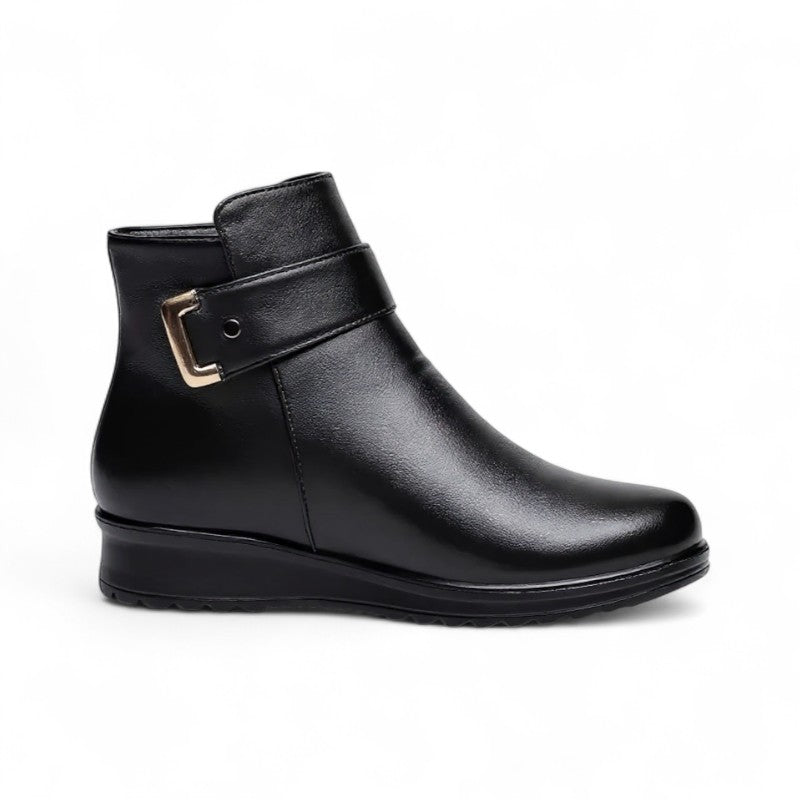 Botines Forrados Mujer Negros de Piel con Hebilla y Cuña