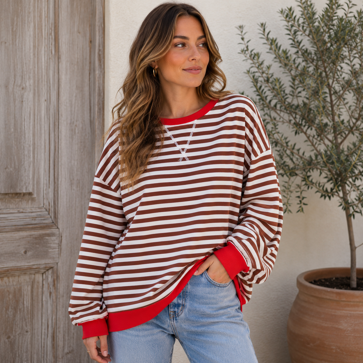 Sudadera Oversize Mujer a Rayas con Puños y Bajo en Contraste - Rojo