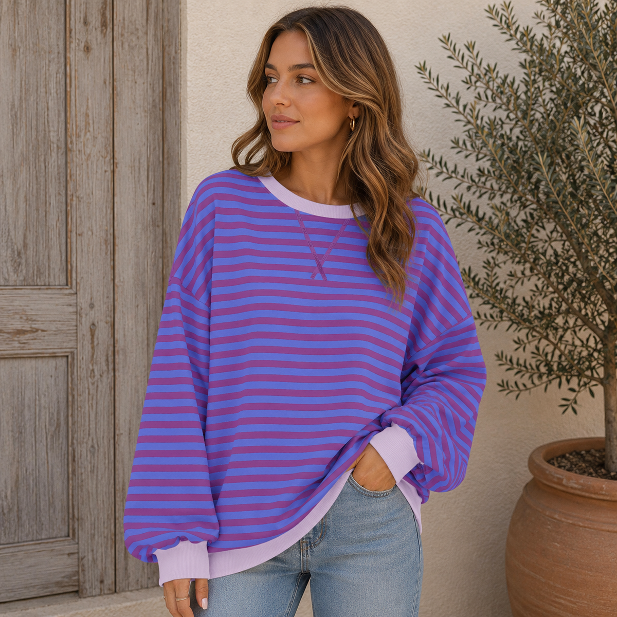 Sudadera Oversize Mujer a Rayas con Puños y Bajo en Contraste - Morado