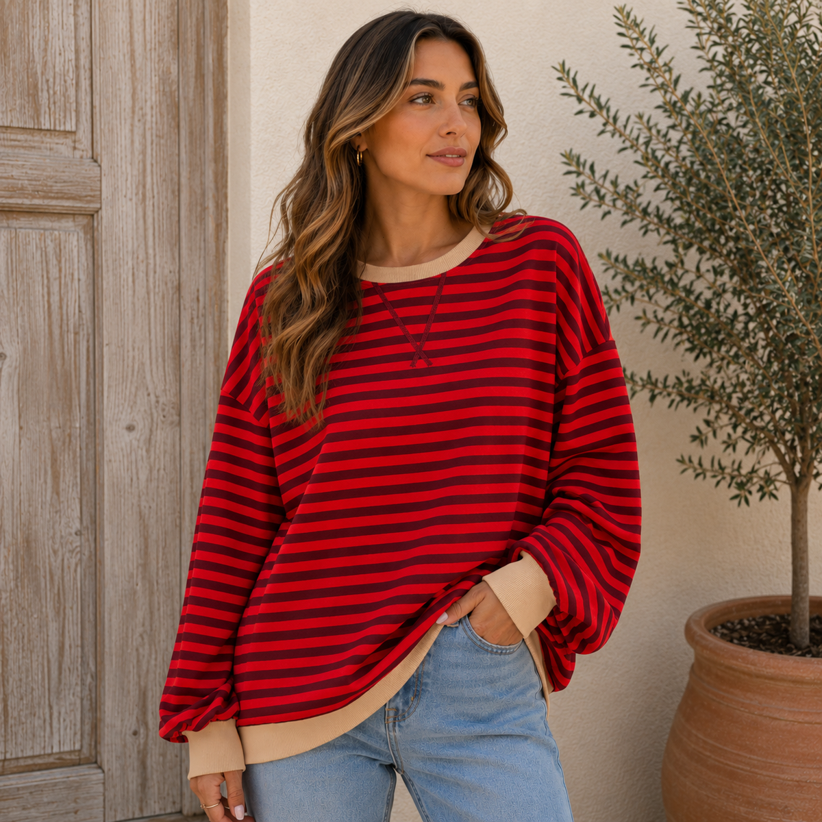 Sudadera Oversize Mujer a Rayas con Puños y Bajo en Contraste - Burdeos
