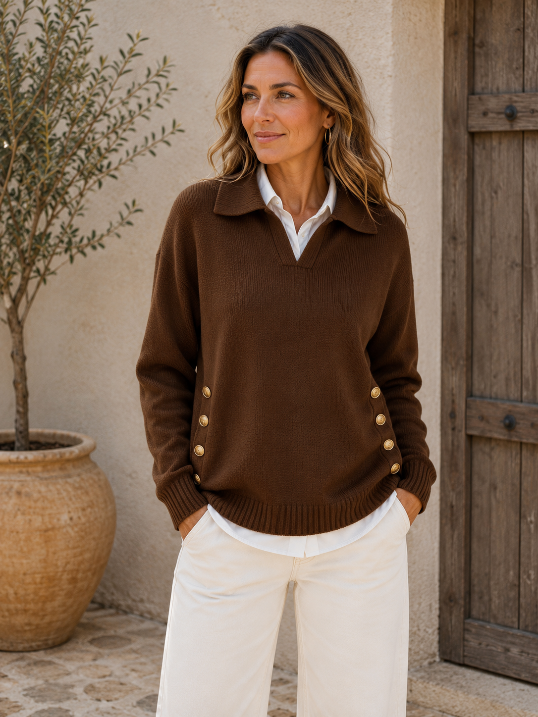 Jersey de Punto Mujer con Cuello en V y Botones Decorativos - Marrón