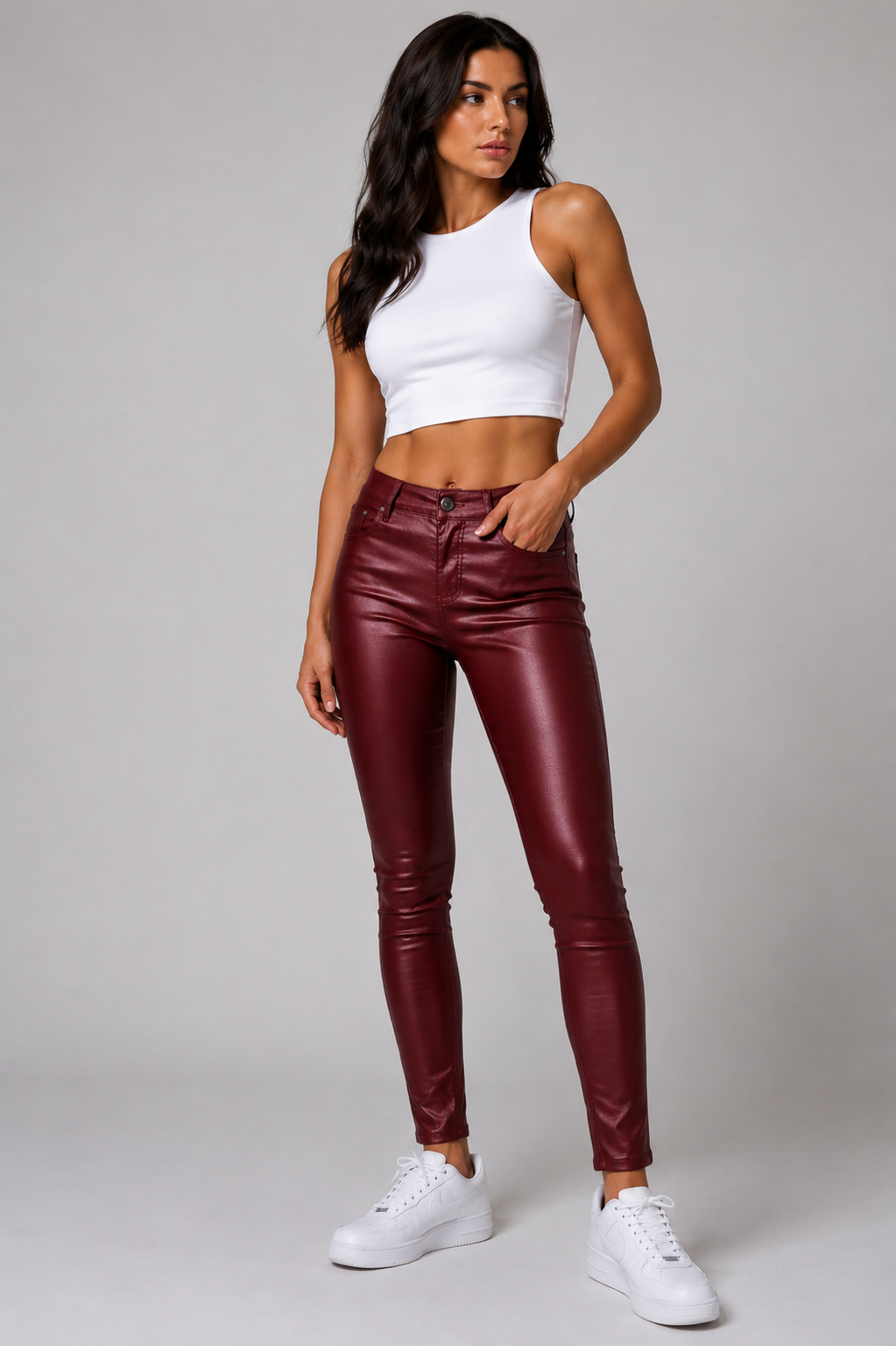 Pantalones Pitillo Mujer de Tejido Recubierto con Acabado Liso - vista 3