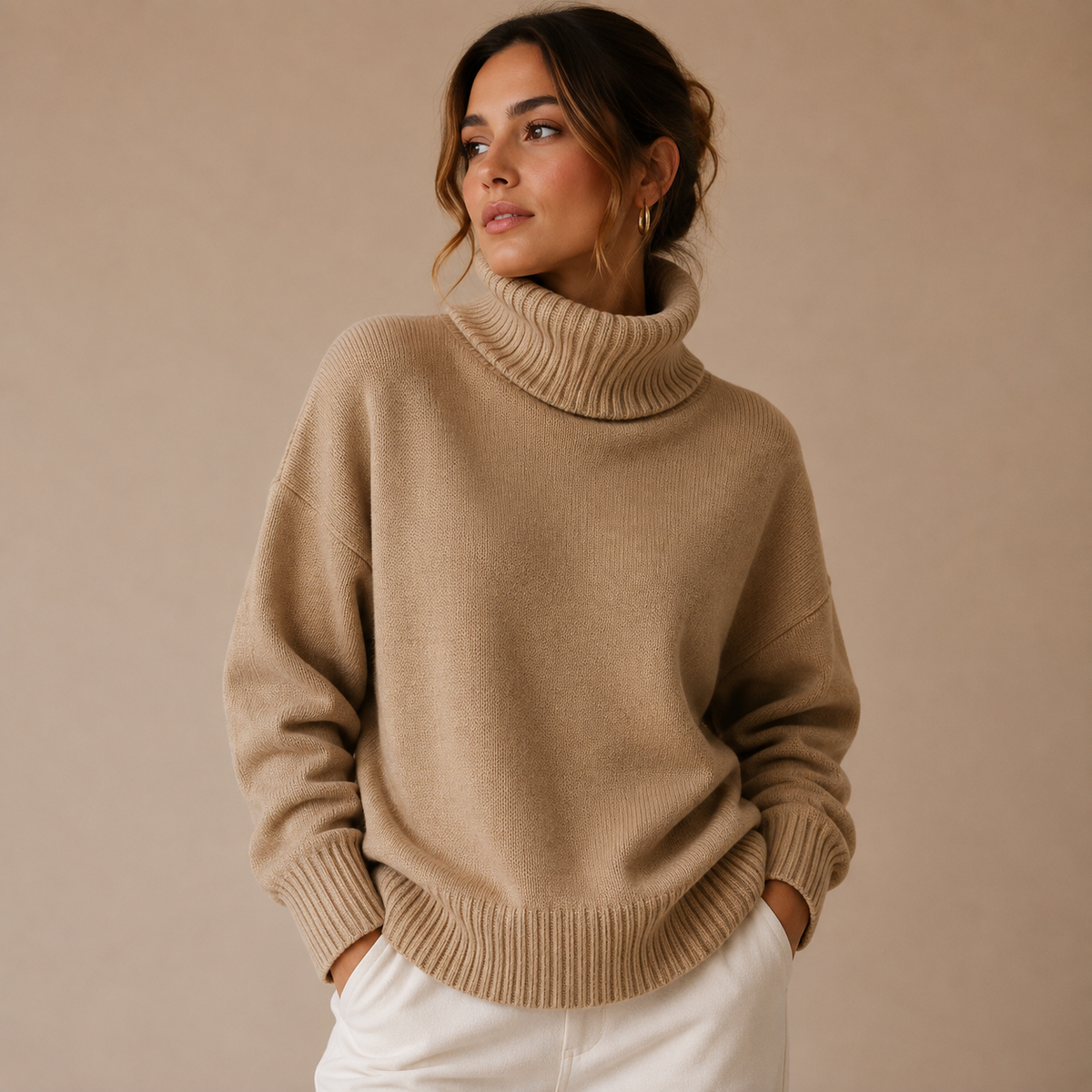 Jersey de Cuello Alto Mujer Oversize de Mezcla de Algodón - Caqui