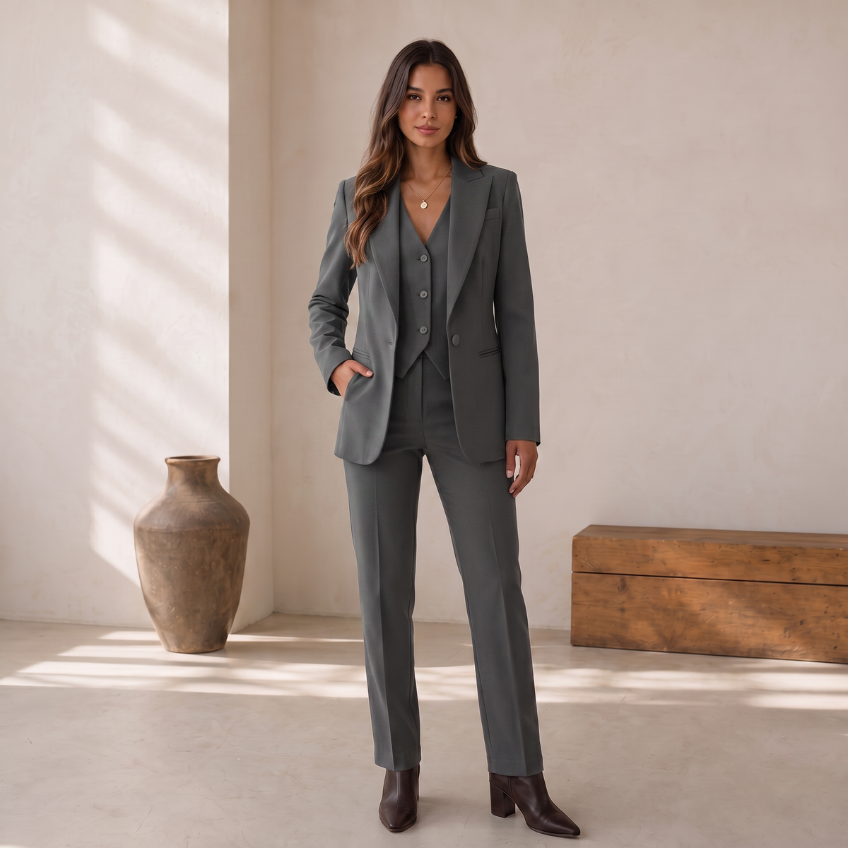 Traje Chaqueta Mujer con Chaleco y Pantalón de Pierna Recta - Vista 10