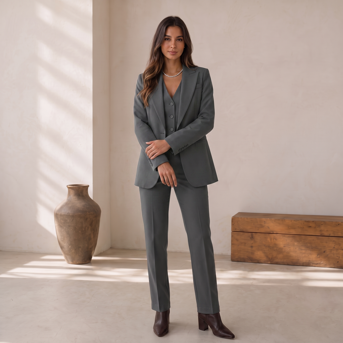 Traje Chaqueta Mujer con Chaleco y Pantalón de Pierna Recta - Vista 12