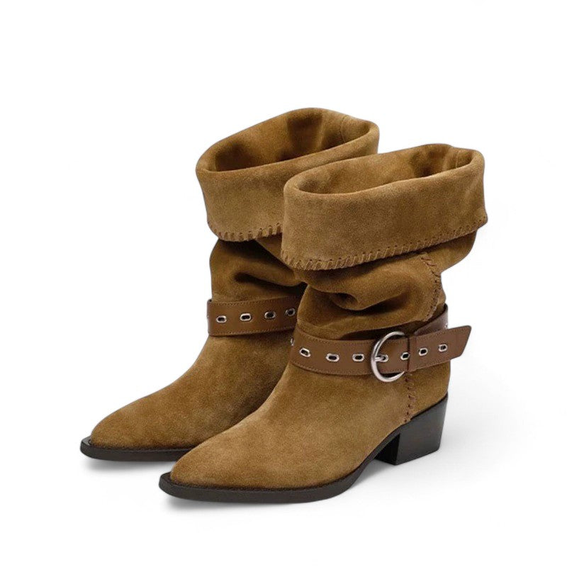 Botas Media Caña Mujer de Ante con Hebilla