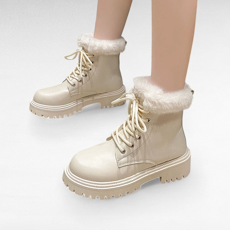 Botines con Cordones Mujer con Cuello de Pelo y Suela Gruesa
