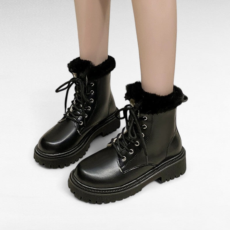 Botines con Cordones Mujer con Cuello de Pelo y Suela Gruesa