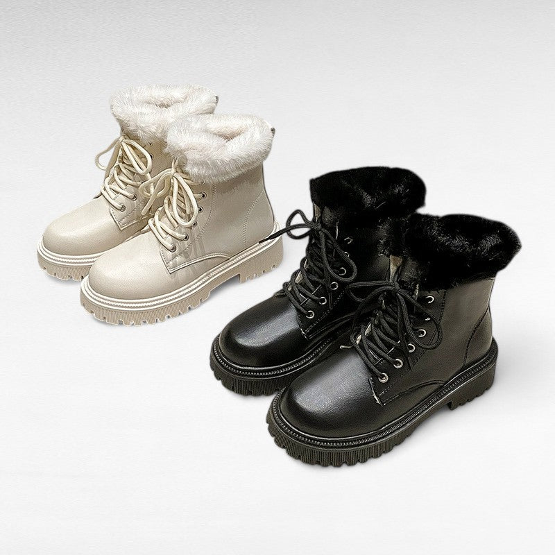 Botines con Cordones Mujer con Cuello de Pelo y Suela Gruesa