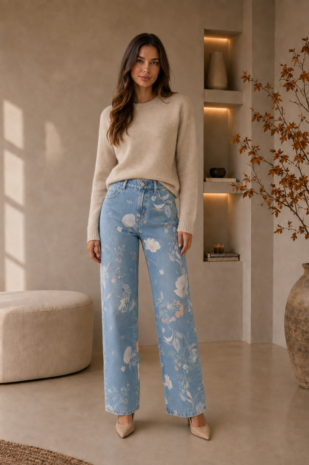 Vaqueros Mujer con Estampado de Flores Corte Recto - vista 2