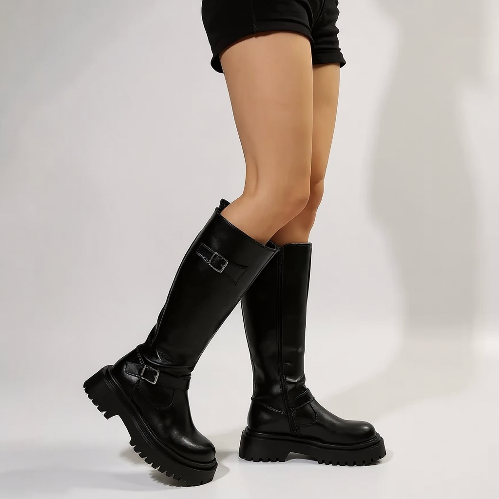 Botas Moteras Mujer Negras con Hebilla y Suela Gruesa de Caña Alta