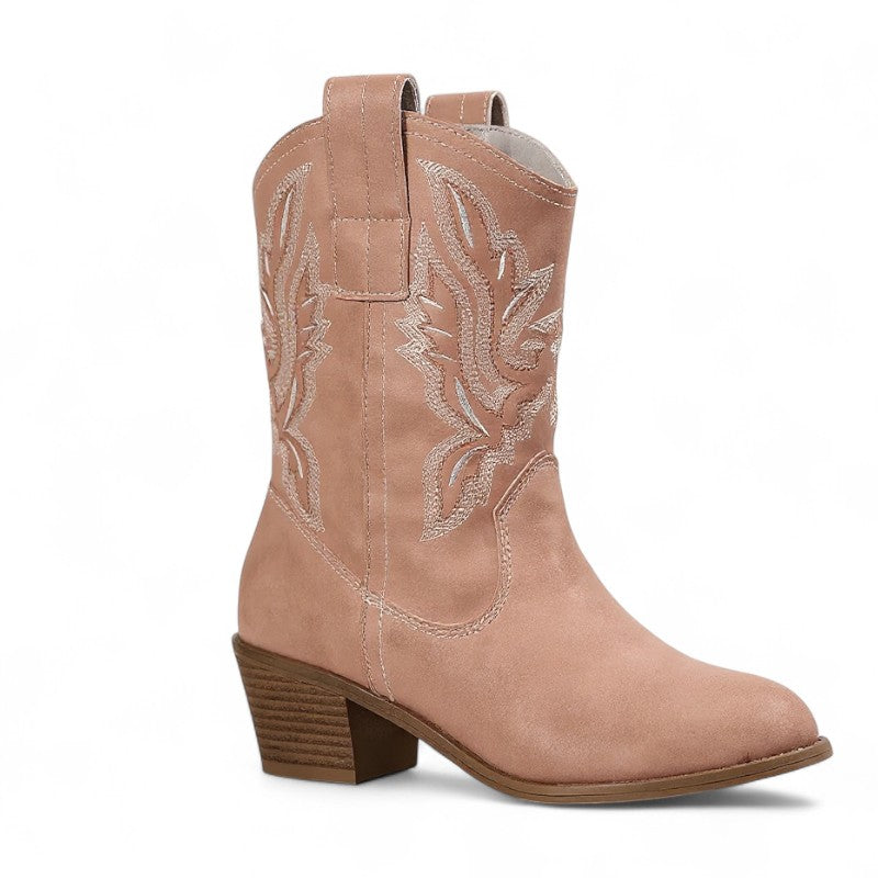 Botas Cowboy Mujer Western Camperas Bajas con Bordado Contrastado