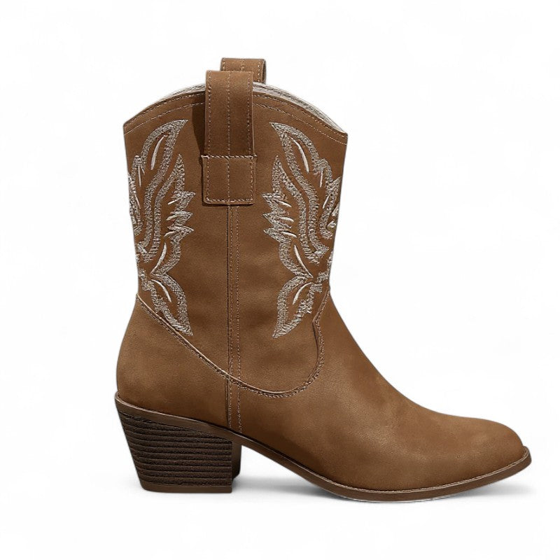 Botas Cowboy Mujer Western Camperas Bajas con Bordado Contrastado