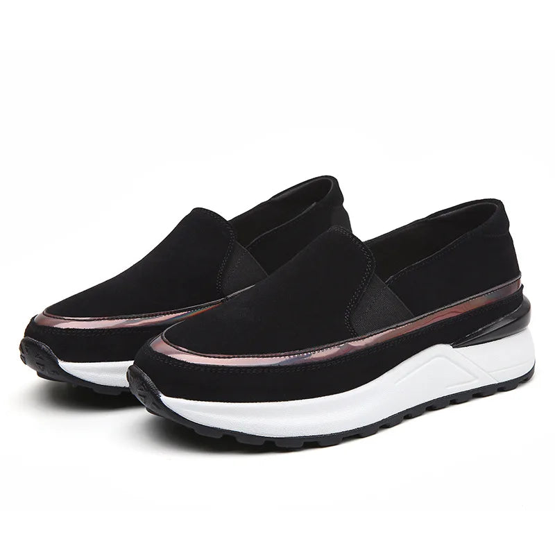 Mocasines con Plataforma Mujer de Ante y Ribete Dorado con Elástico Lateral
