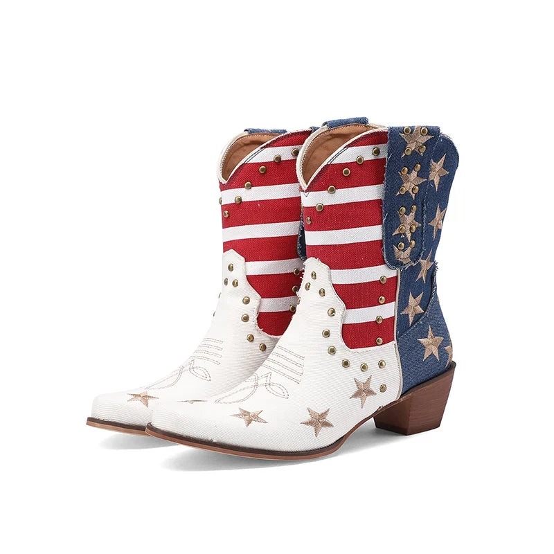 Botas Cowboy Mujer con Bandera Estampada Estilo Western