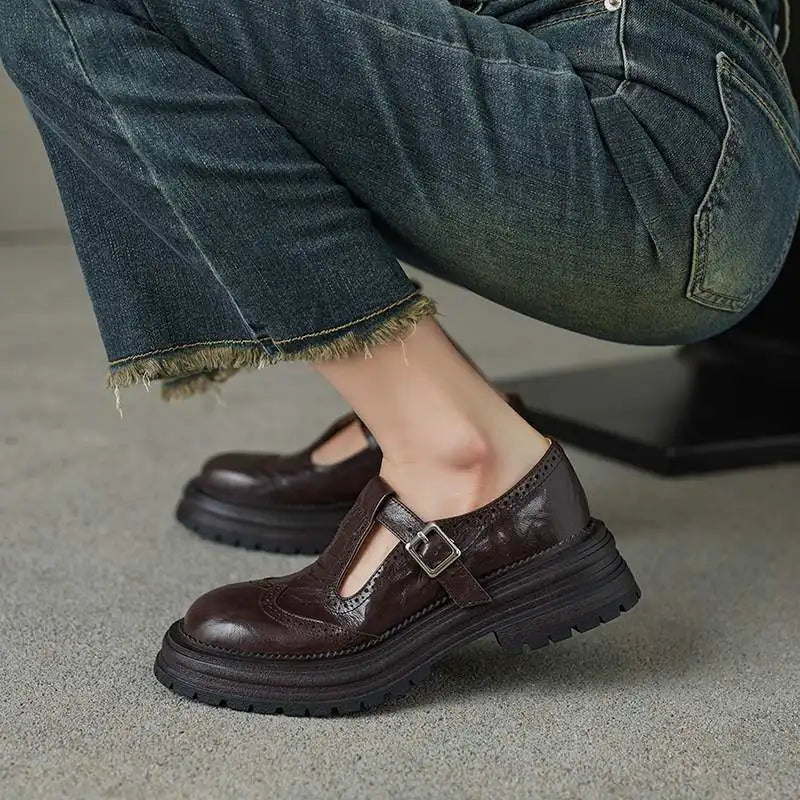 Mocasines Mujer con Correa y Hebilla y Suela Gruesa
