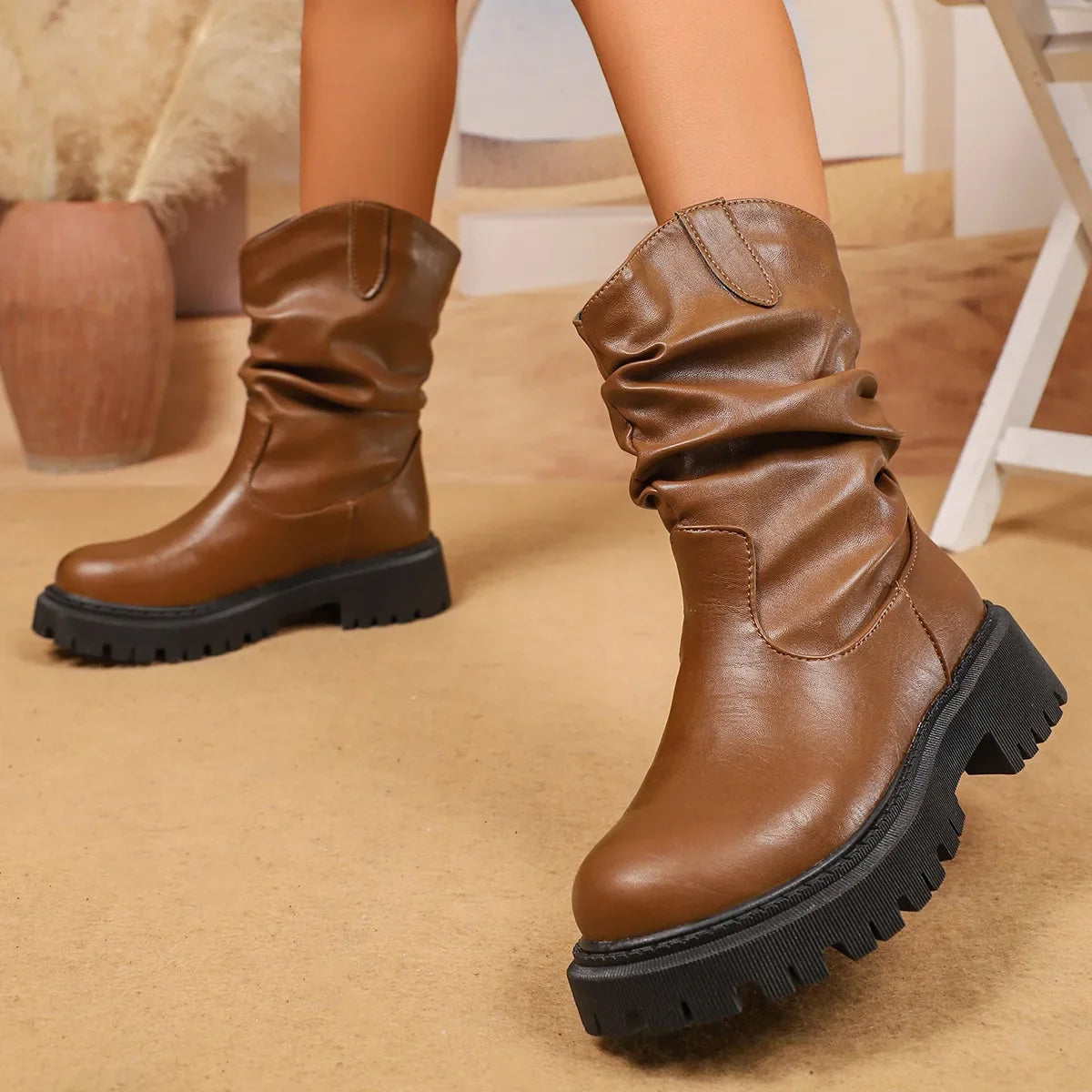 Botines Slouch Mujer Marrón Caramelo con Suela Gruesa