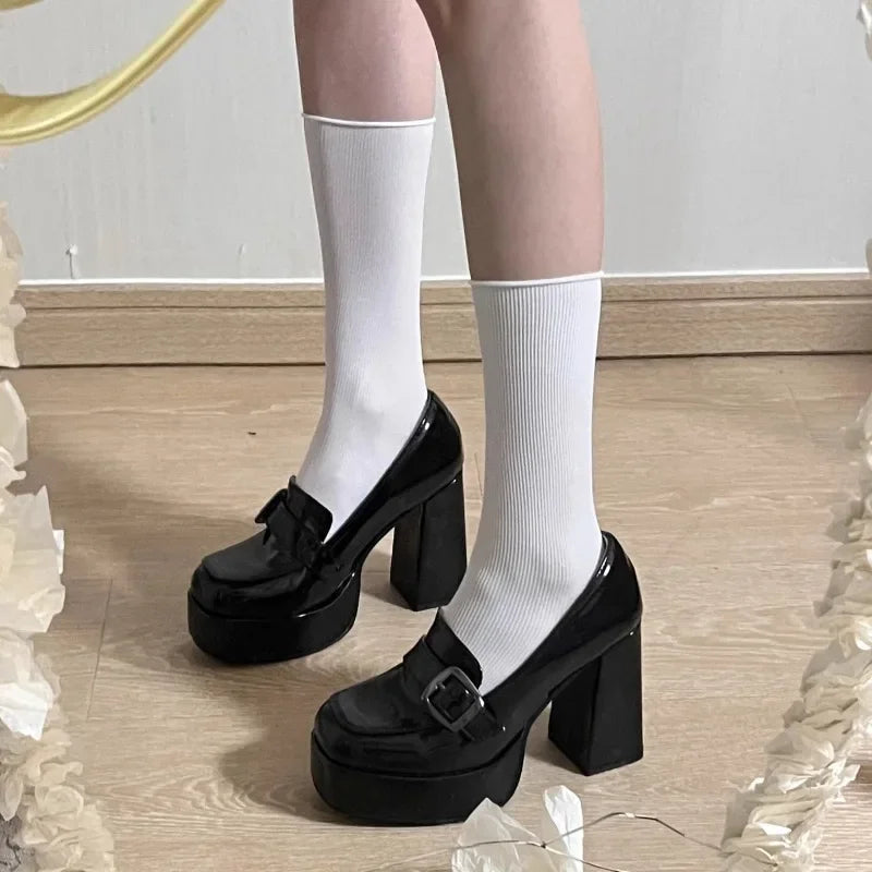 Mocasines de Tacón Mujer Negros con Plataforma y Tacón Cuadrado Alto