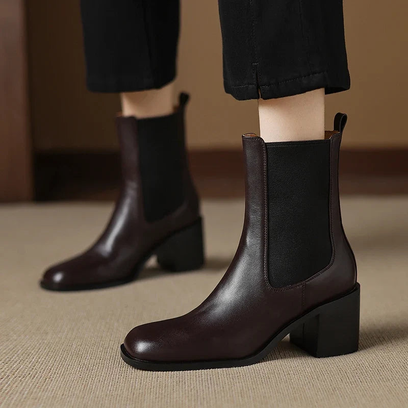 Botines Chelsea de Tacón Mujer con Elástico Lateral y Tacón Grueso