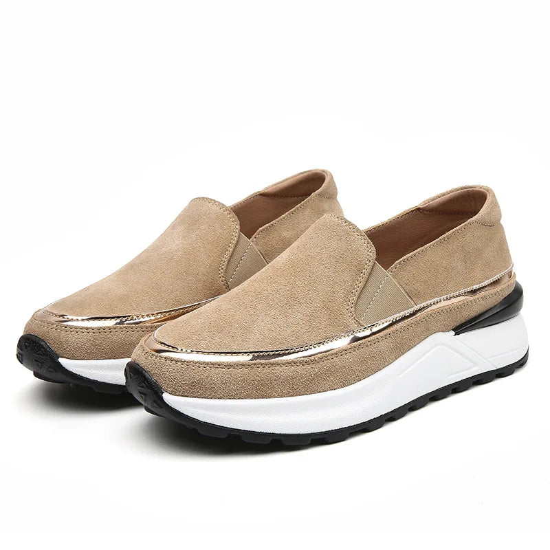 Mocasines con Plataforma Mujer de Ante y Ribete Dorado con Elástico Lateral