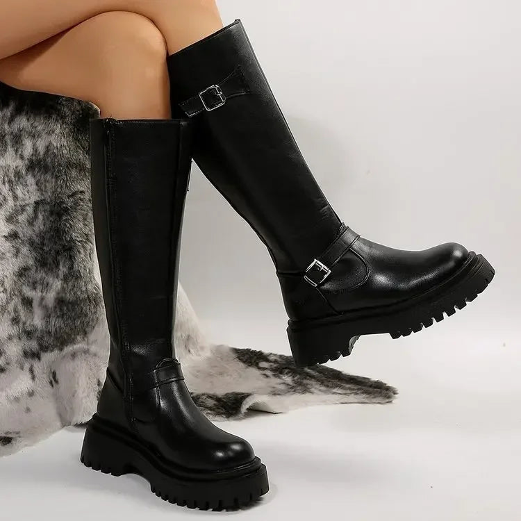 Botas Moteras Mujer Negras con Hebilla y Suela Gruesa de Caña Alta