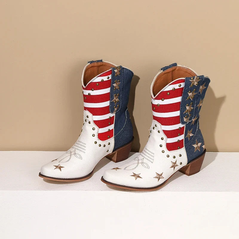 Botas Cowboy Mujer con Bandera Estampada Estilo Western