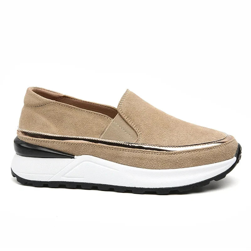 Mocasines con Plataforma Mujer de Ante y Ribete Dorado con Elástico Lateral