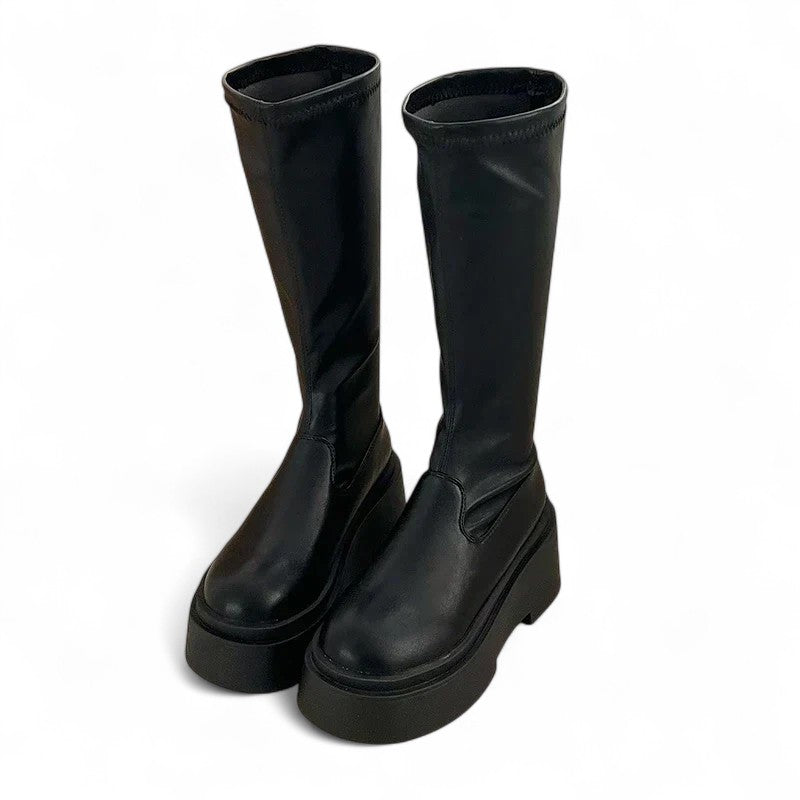 Botas Altas Mujer Negras Tacón Plano Caña Elástica