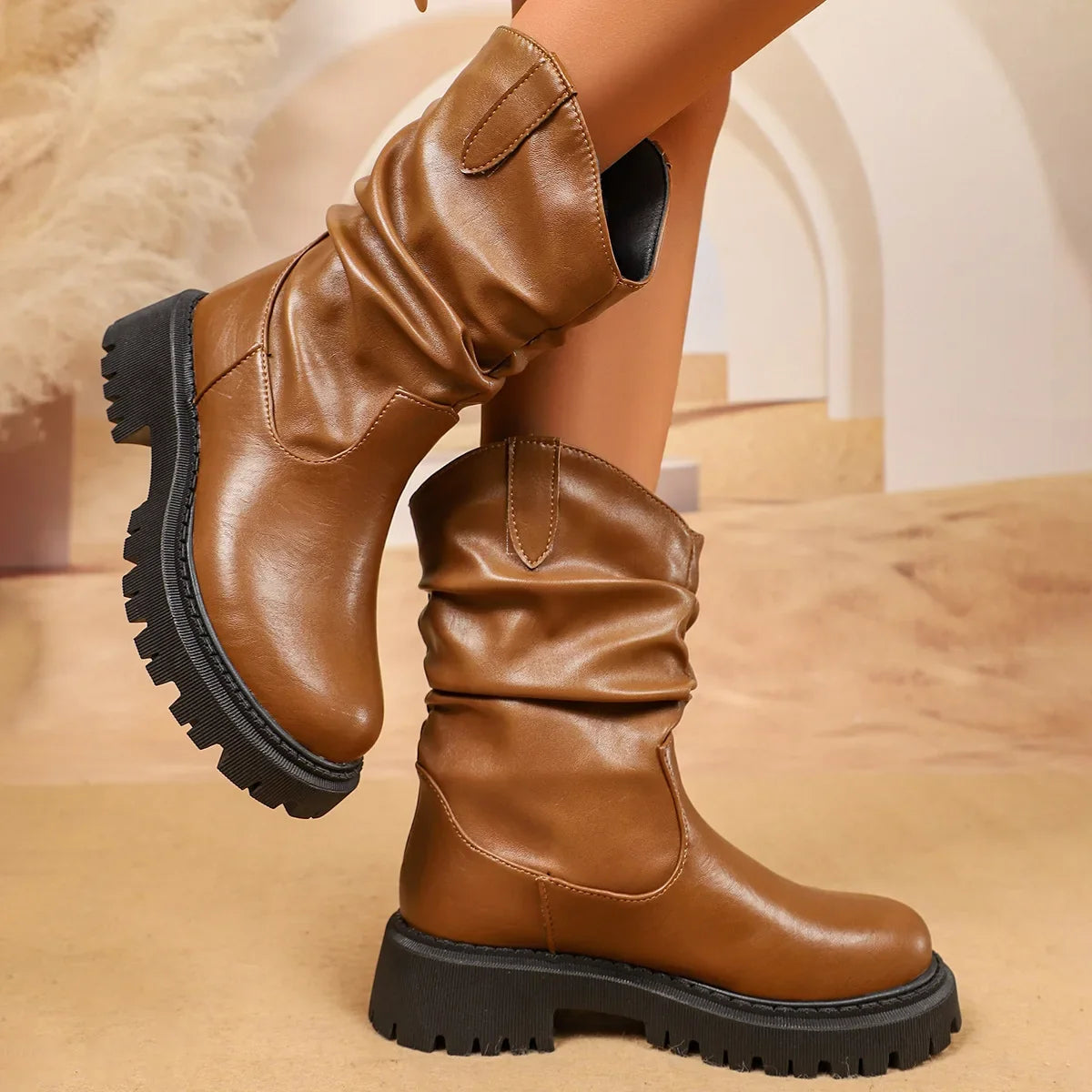Botines Slouch Mujer Marrón Caramelo con Suela Gruesa