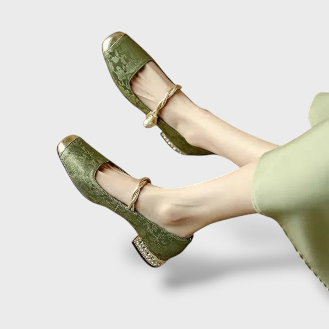 Zapatos de Tacón Mujer Punta Cuadrada con Perlas