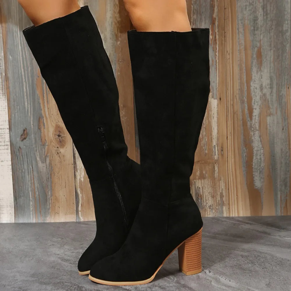 Botas Altas Mujer de Ante Caña Elástica con Tacón Bajo