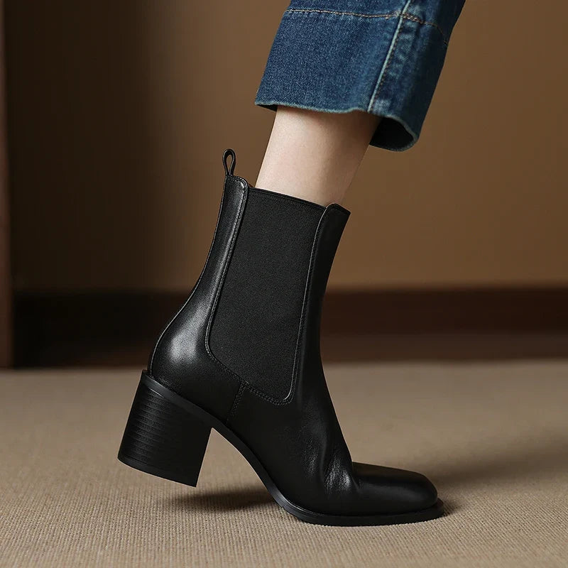 Botines Chelsea de Tacón Mujer con Elástico Lateral y Tacón Grueso