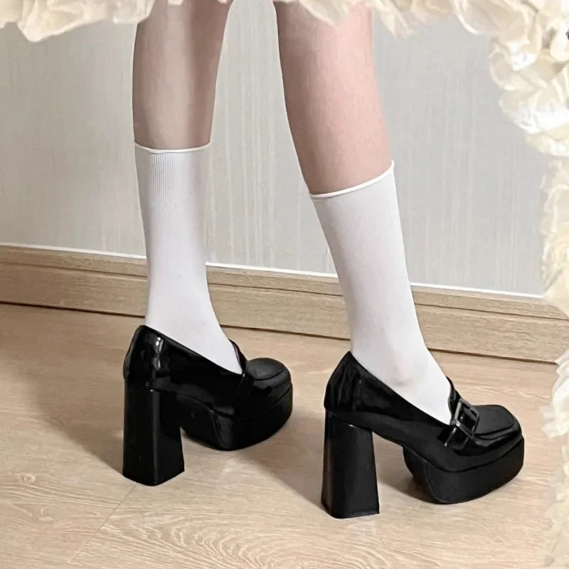 Mocasines de Tacón Mujer Negros con Plataforma y Tacón Cuadrado Alto