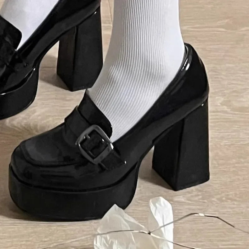 Mocasines de Tacón Mujer Negros con Plataforma y Tacón Cuadrado Alto