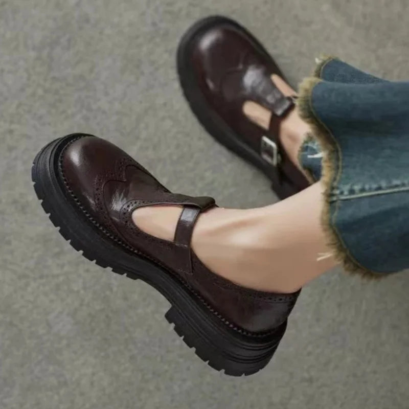 Mocasines Mujer con Correa y Hebilla y Suela Gruesa