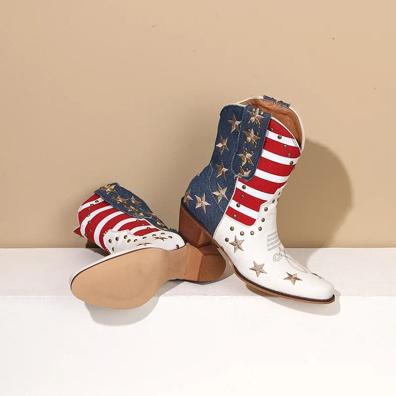 Botas Cowboy Mujer con Bandera Estampada Estilo Western