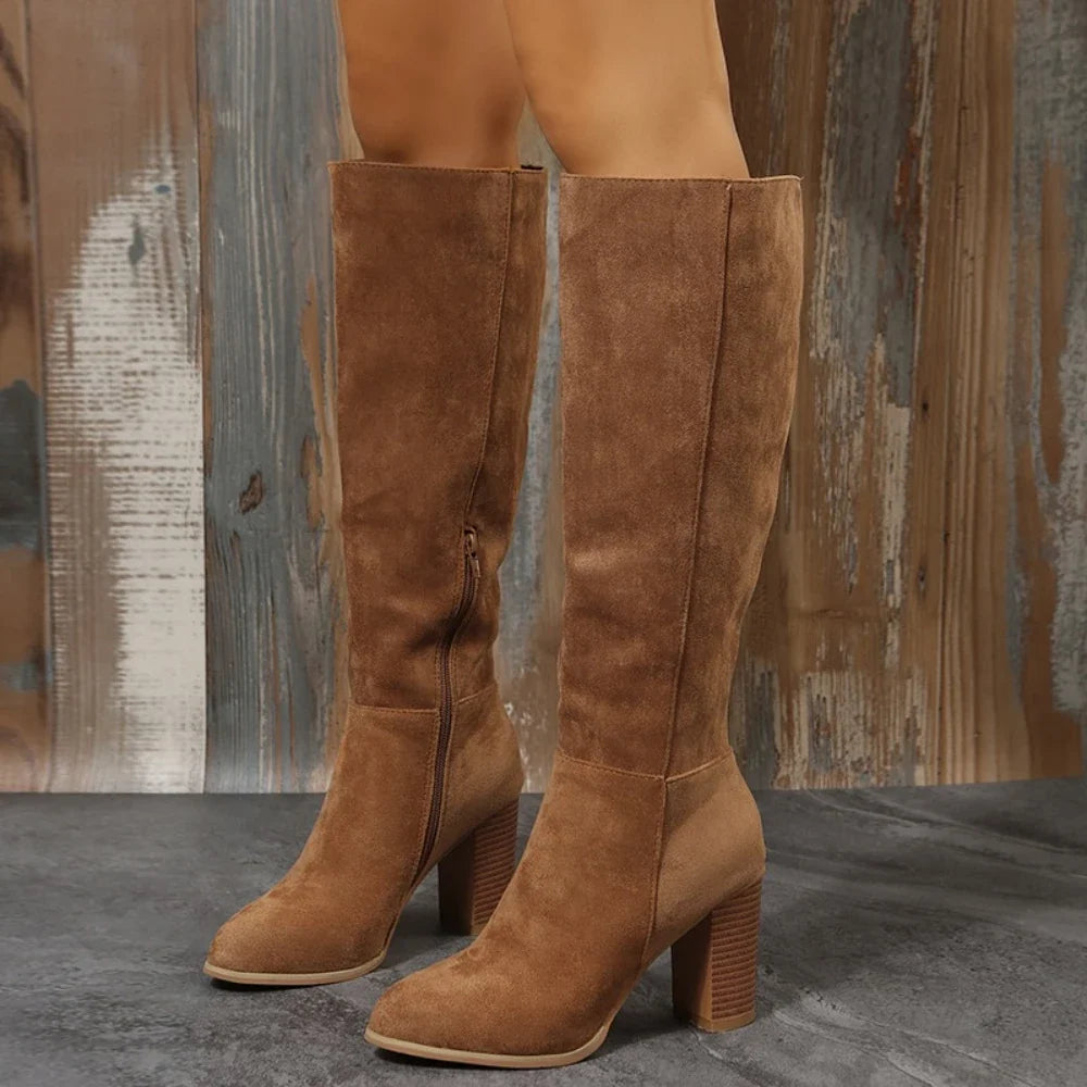 Botas Altas Mujer de Ante Caña Elástica con Tacón Bajo