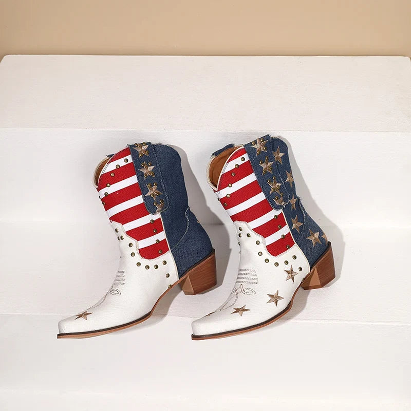 Botas Cowboy Mujer con Bandera Estampada Estilo Western