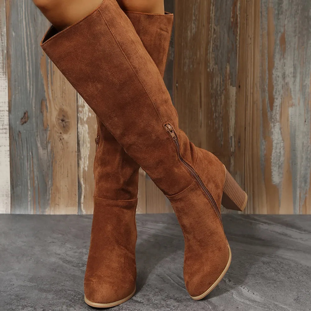 Botas Altas Mujer de Ante Caña Elástica con Tacón Bajo