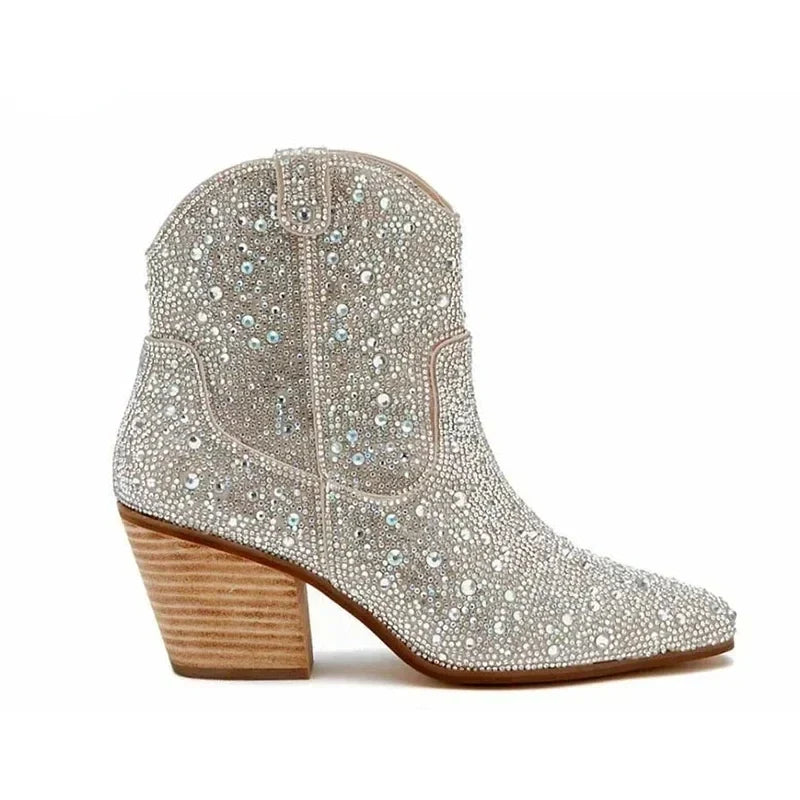 Botas Cowboy Mujer Plateadas con Strass y Tacón